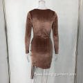 Womens V-neck Sexy Long Sleeve Velvet Bodycon Dress